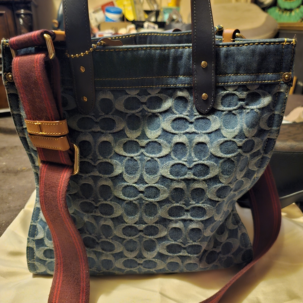 Coach Blue Denim Jacquard Tote with Red-Trim Strap
